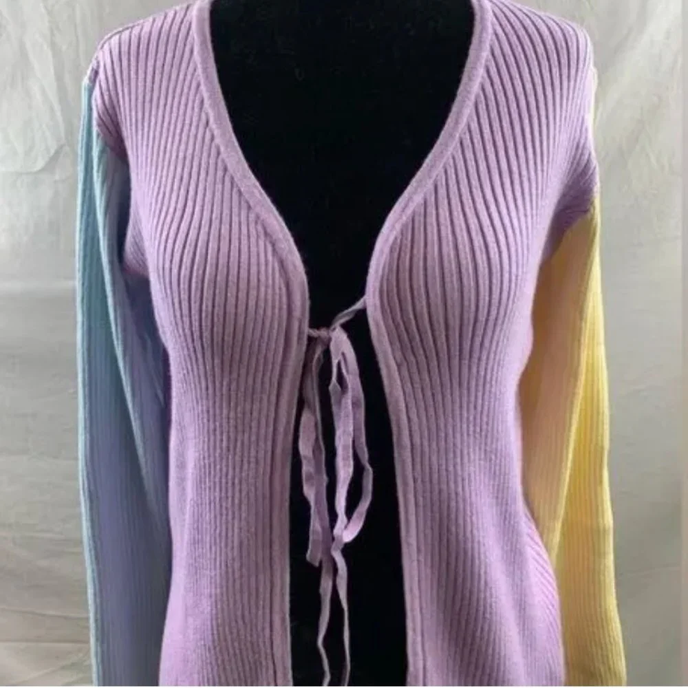 NWT Rib Knit Tie Front Color Block Cardigan - Picture 2 of 5